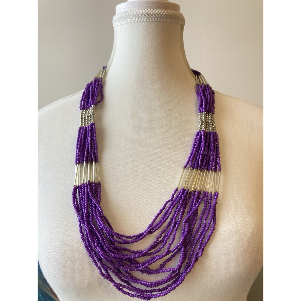 Purple Multi Strand‎ Seed Bead Necklace Silver Tone Statement Lavender Artsy